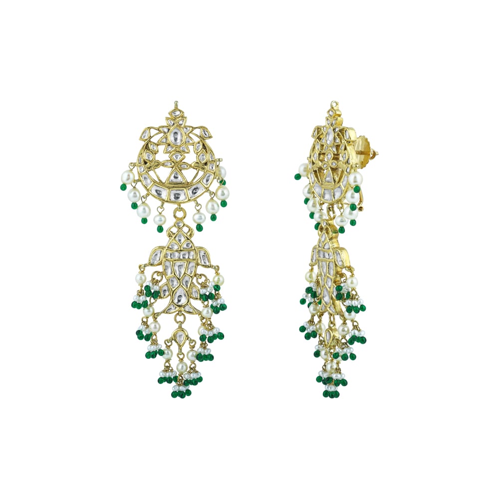 Polki Chandelier Earrings with Green Beads and Pearl Cascades